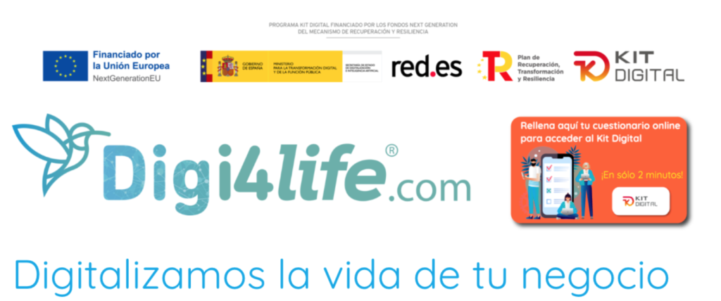 Logotipos de las entidades responsables del kit digital, y de digi4life, parte del equipo de i4life que te ayudará a hacer tu web o tienda online